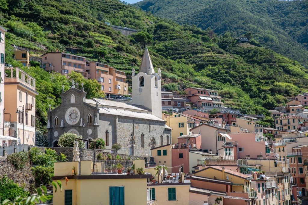 Vineyards behind the village of Riomaggiore in Italy's Cinque Terre