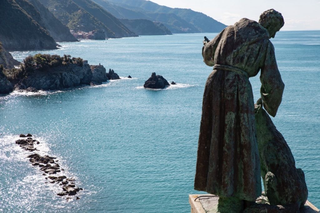 Statue of St. Francis at Monterosso al Mare its Convent of the Capuchin Friars in Cinque Terre - Italy