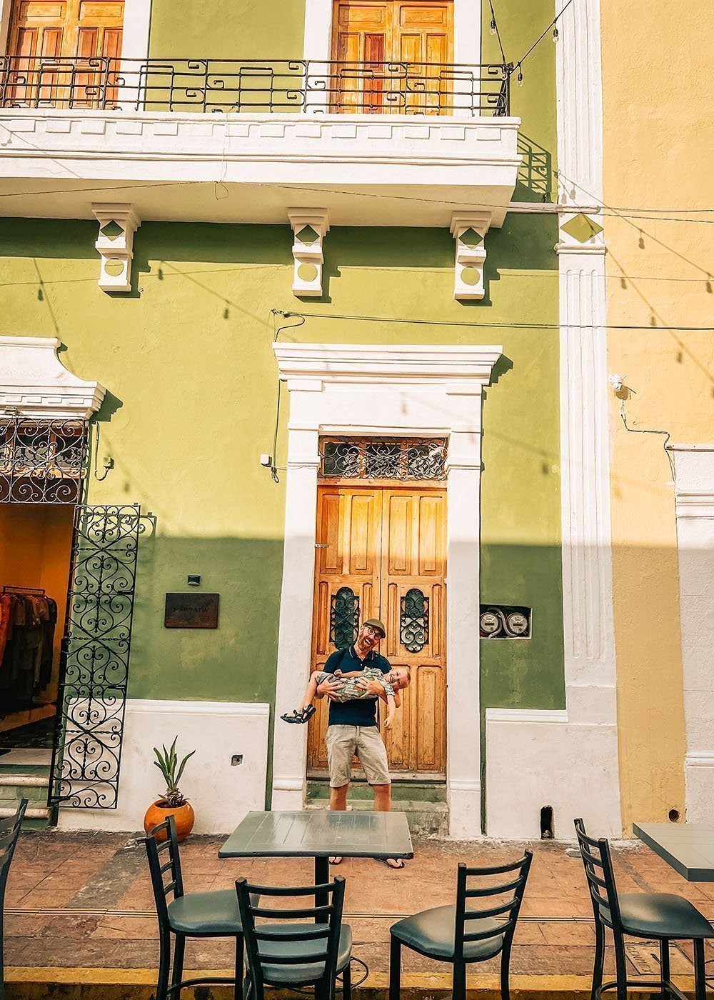Outside a colorful building in Campeche - Mexico