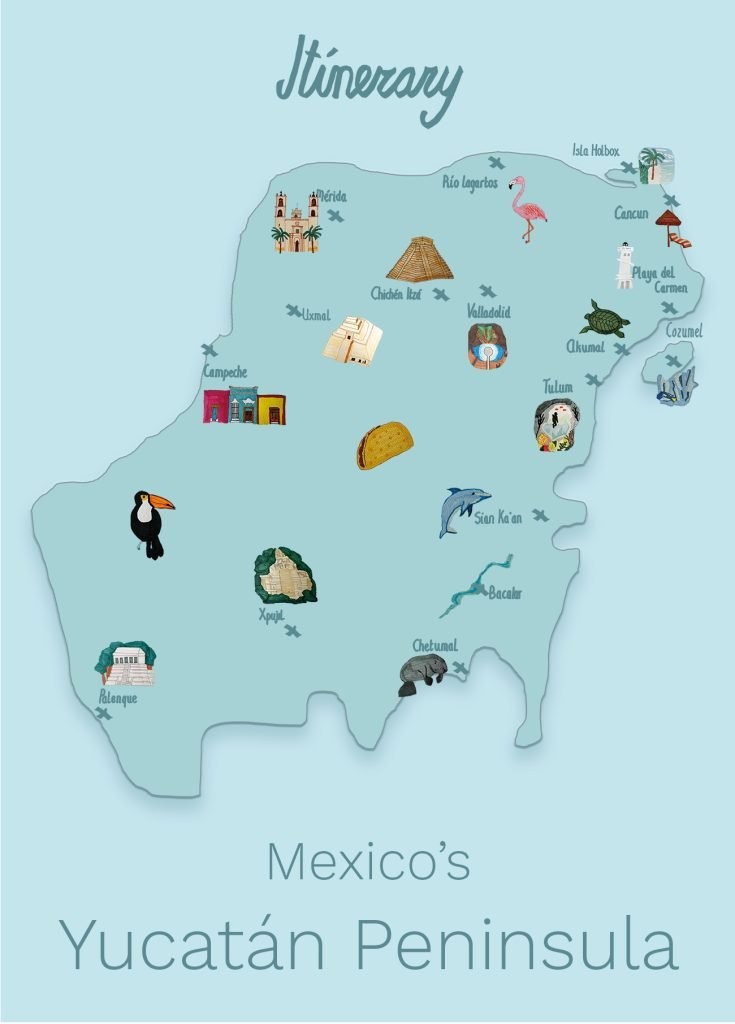 An illustrated itinerary map of the Yucatan Peninsula in Mexico in blue tones and colorful drawings
