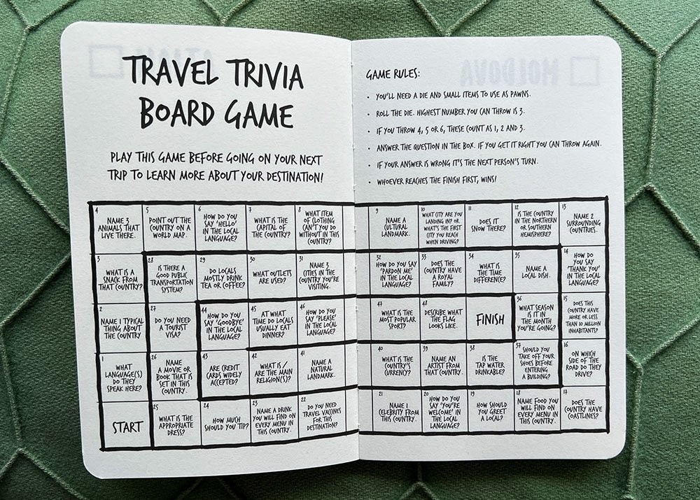 Travel journal spread with a travel trivia board game on it