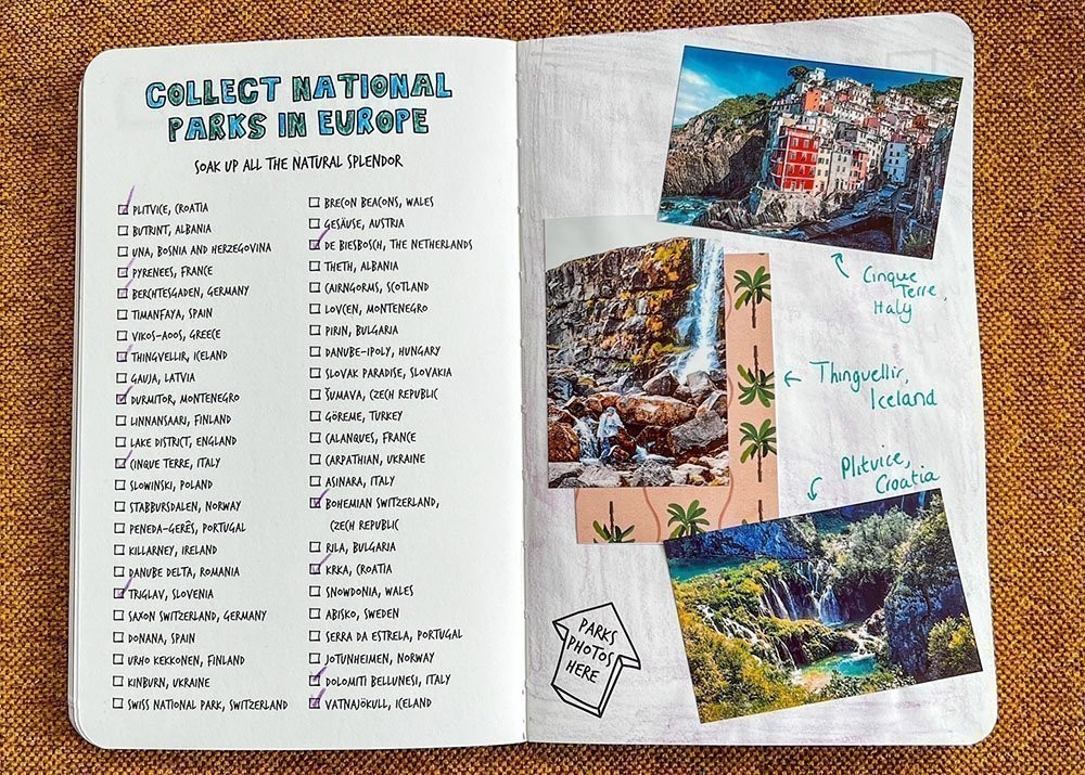 A scrapbook page in The Adventure Book where someone scratched of all the National Parks in Europe they've been to and pictures of Cinque Terre, Plitvice and Thingvellir are added to the page