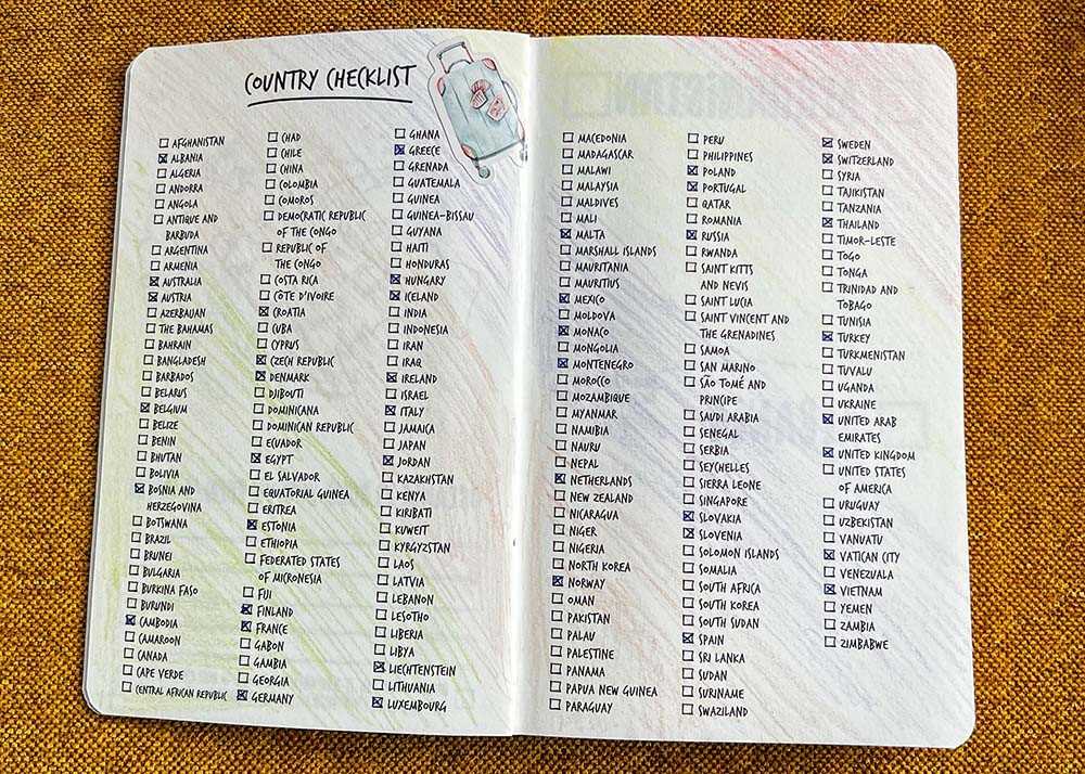 Two pages in travel journal The Adventure Book - original edition where someone scratched of the 43 countries they've been to.