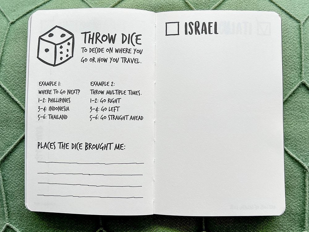 A travel journal spread with on one page a pre printed dice game to decide where to travel and on the other page room to add your adventures to Israel (word is pre printed)