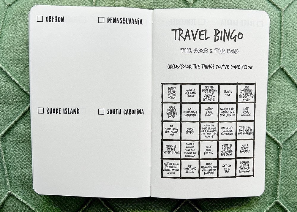 A travel journal spread with room to add info about 4 US states Oregon, Pennsylvania, Rhode Island and South Carolina. And on the other page a travel bingo to play on the road.